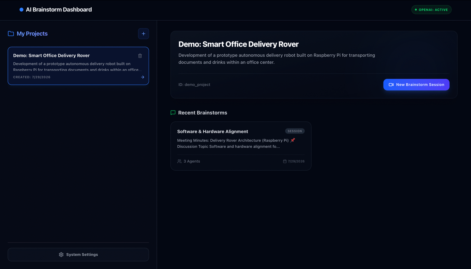 BrainStorm Agent dashboard