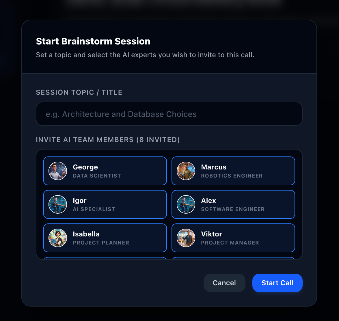 Start Brainstorm Session: set a topic and invite the AI expert roster