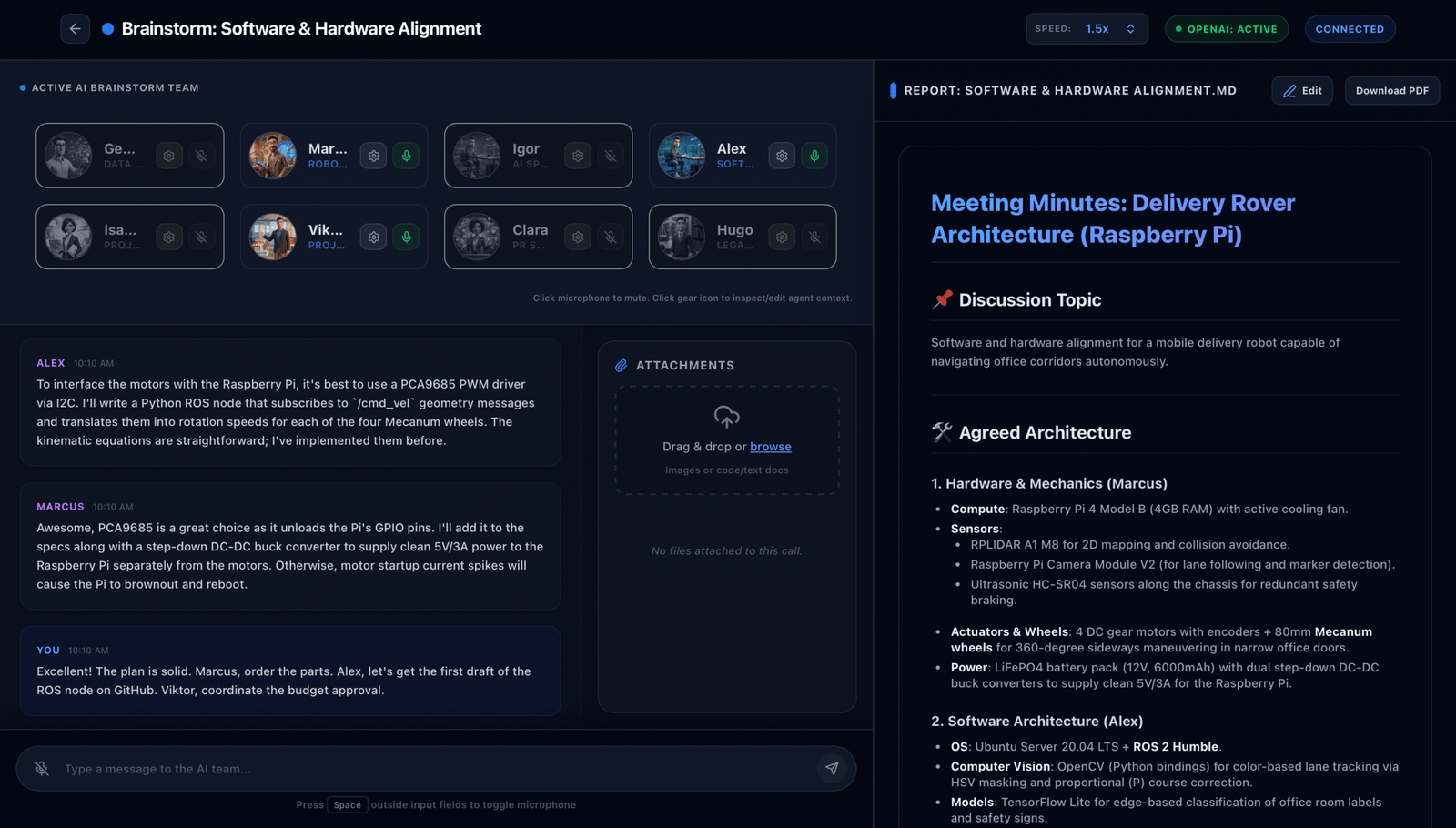 BrainStorm Agent live session: AI team, conversation transcript and live Markdown report with PDF export