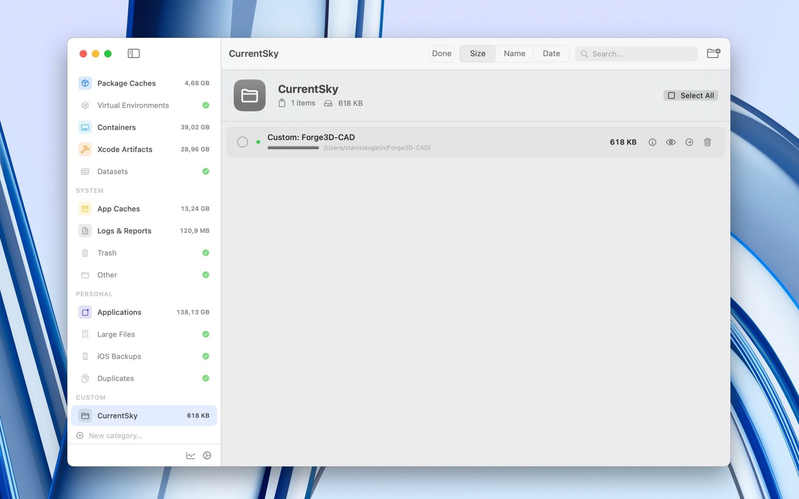 DiskLens custom category tracking a specific project folder