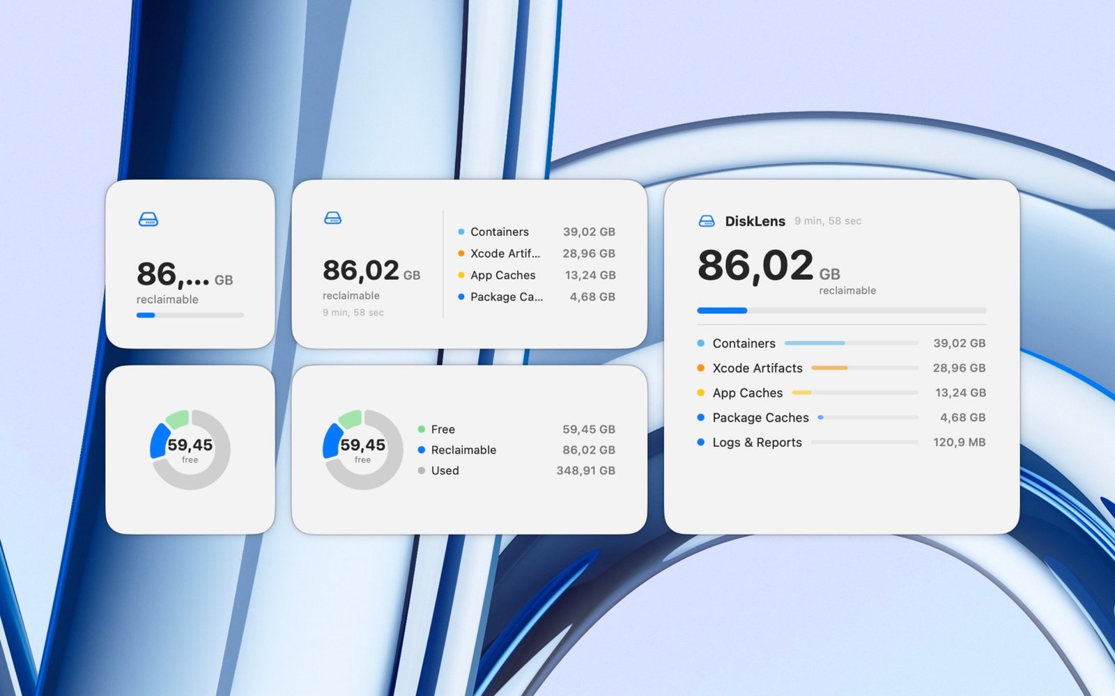 DiskLens menu-bar widgets showing reclaimable space at a glance