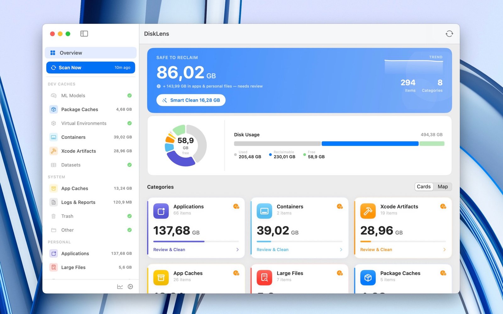 DiskLens overview: Safe to Reclaim, disk usage donut, and category cards