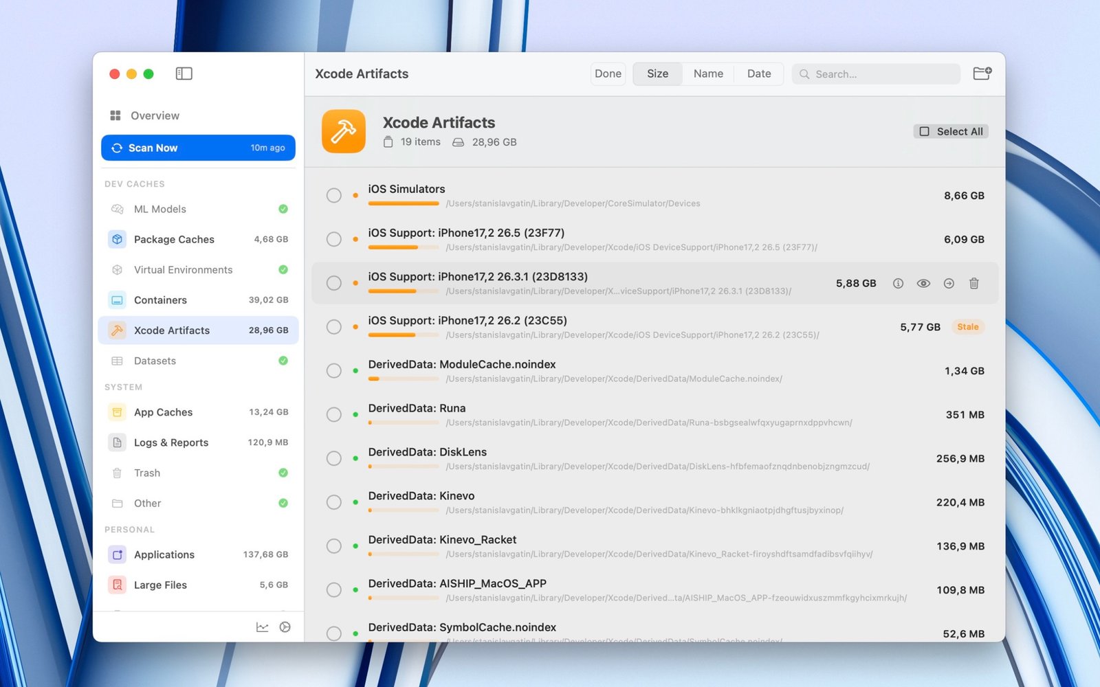 DiskLens scanning Xcode artifacts: DerivedData, simulators, device support