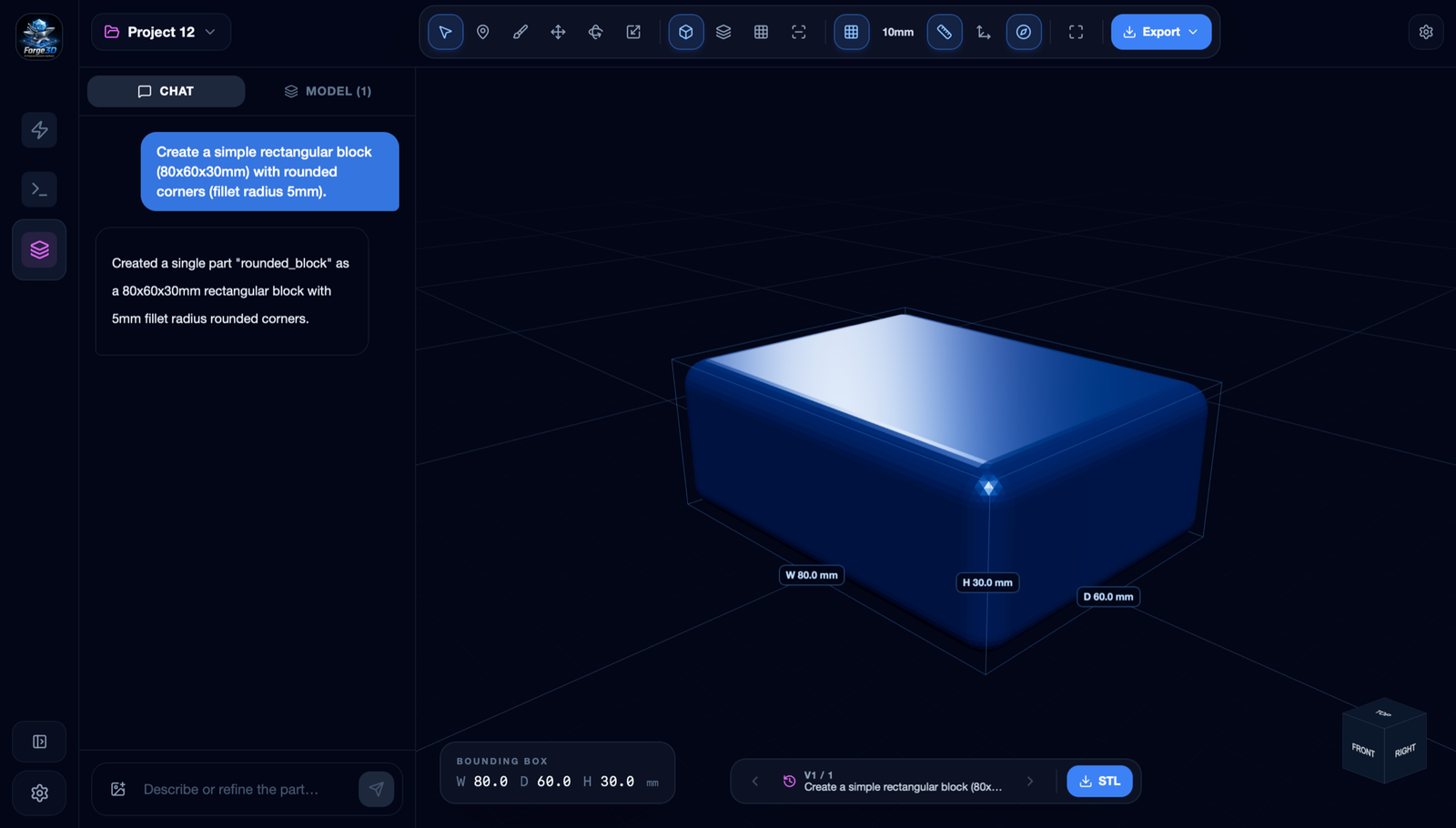 Forge3D Studio: a chat prompt generates a rounded block in the 3D viewport