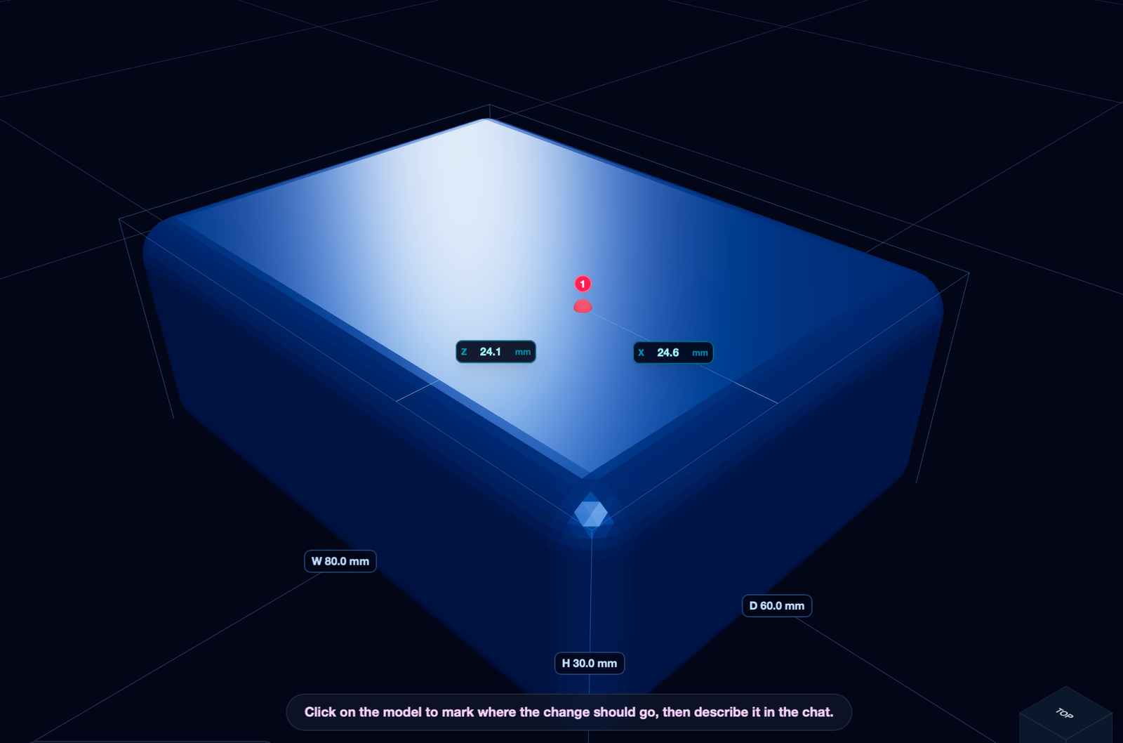 Forge3D Studio: a coordinate marker pin dropped on the top surface of the part