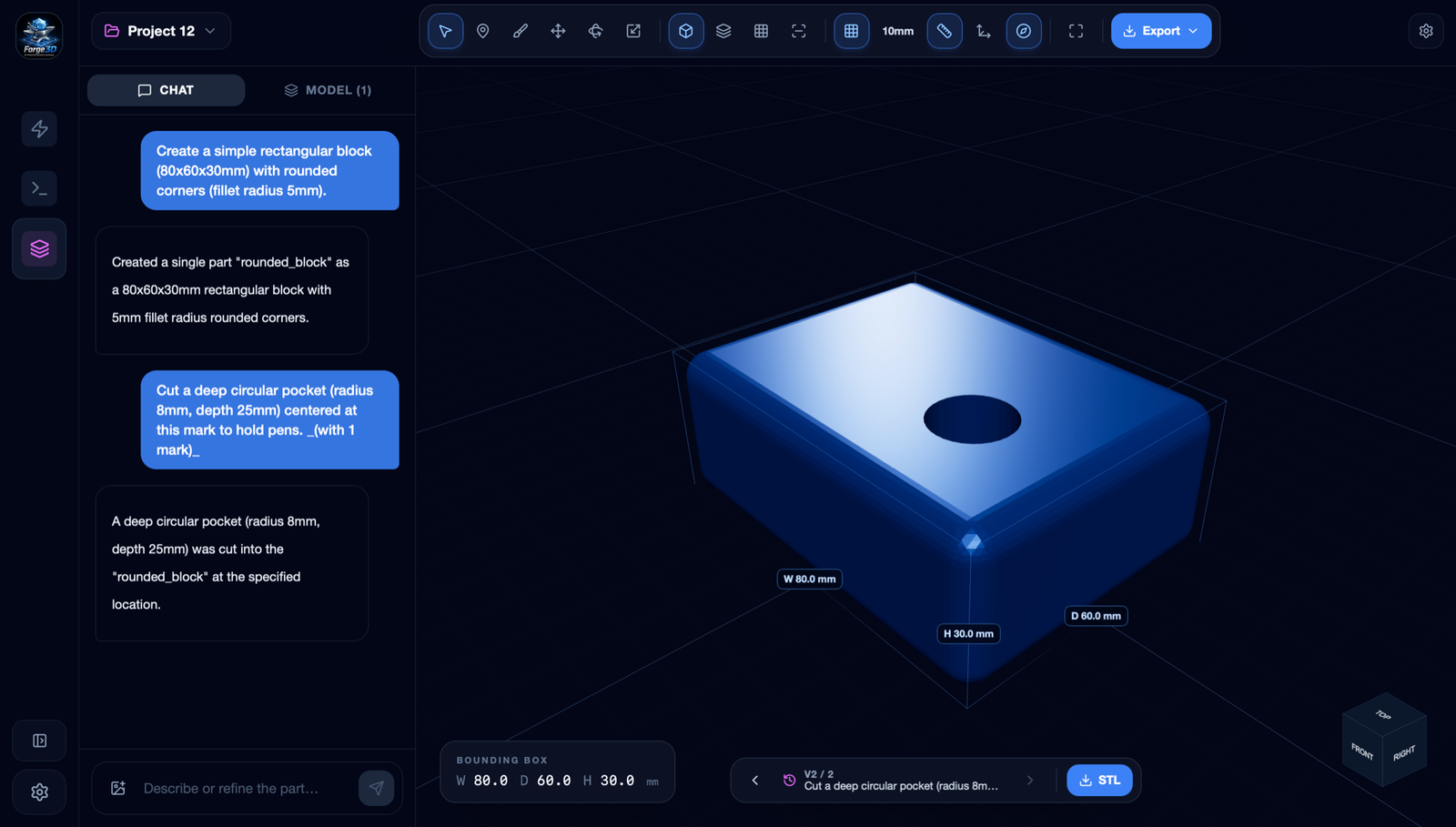 Forge3D Studio: a Ø8mm pocket cut into the block at the marked point