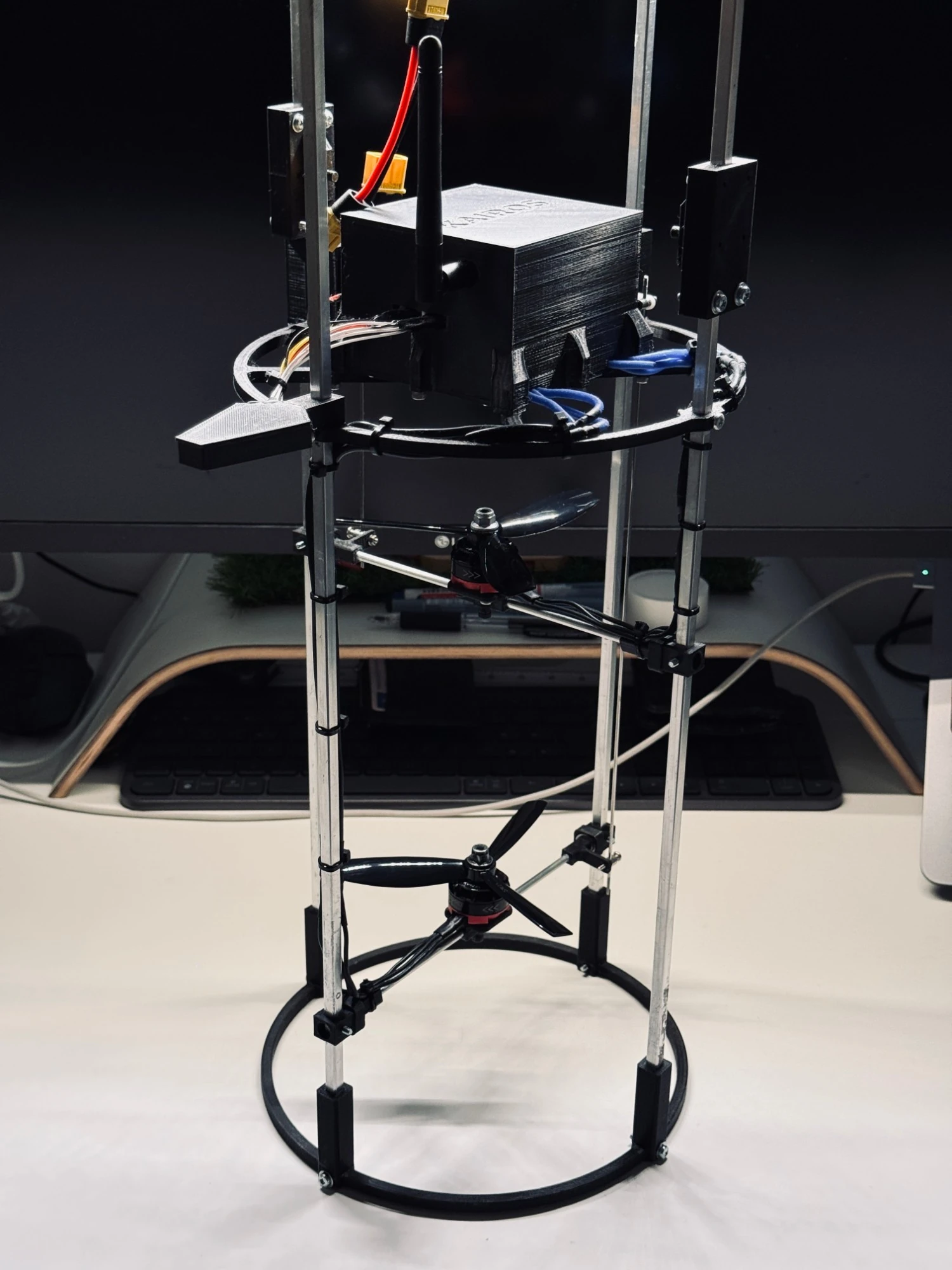 AISHIP V3 standing upright: KAIROS on the mid ring above two gimballed rotors